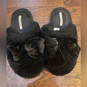 Victoria's Secret Black Plush Bow Slide Slippers